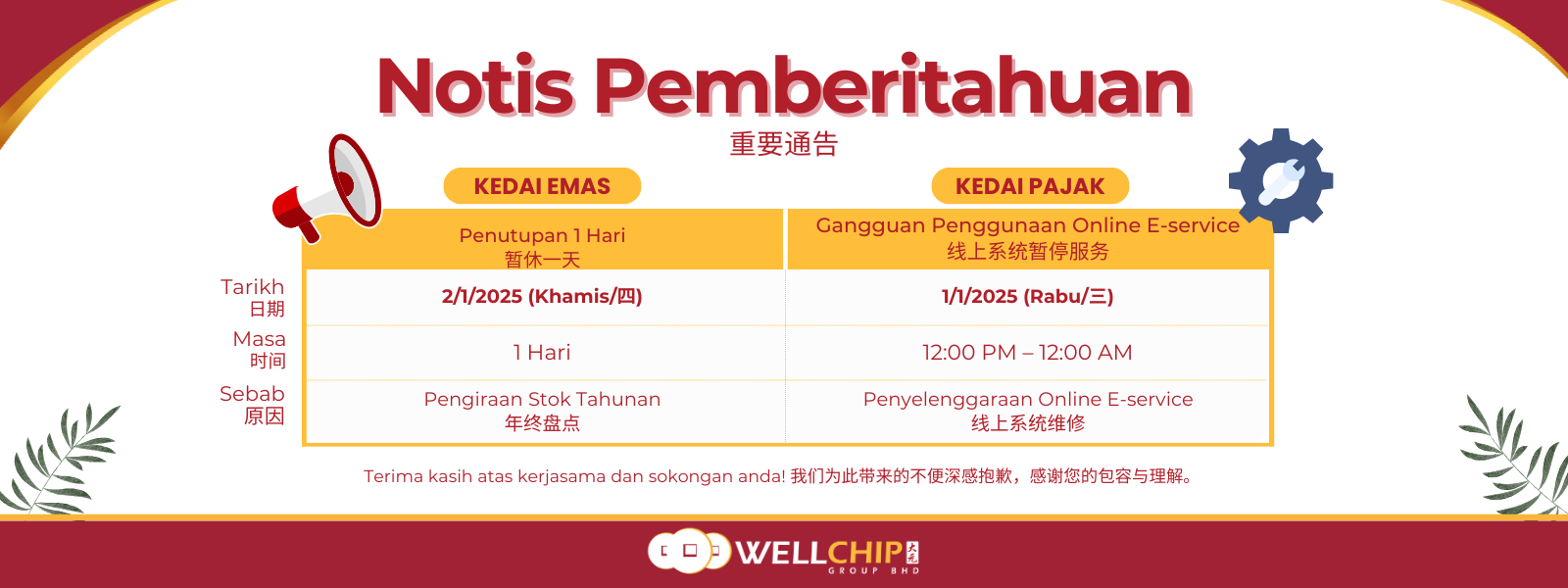 Notice temporary closure 2025 Emas Pajak